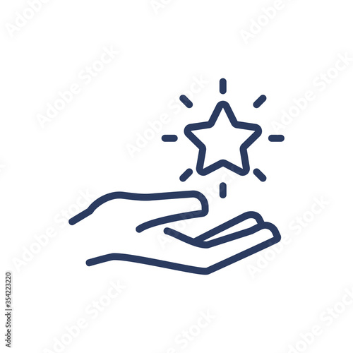 Shining star on human hand thin line icon. Customer, bonus points, award for purchase isolated outline sign. Loyalty program concept. Vector illustration symbol element for web design and apps