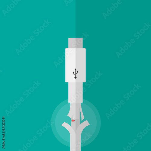 Broken smart phone usb-c charger or connector cable flat vector design.