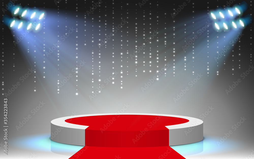 Fototapeta premium white podium and red carpet with spotlight on the stage