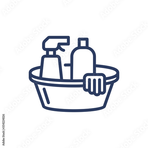 Detergents thin line icon. Bottles, spray, basin, gloves isolated outline sign. Cleanup, housekeeping, housewifery concept. Vector illustration symbol element for web design and apps