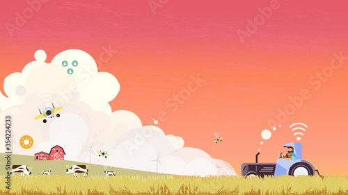 Vector illustration of eco smart farming management with internet of thing system (IOT).Smart farmer use IOT to settle farm activites and conect to selling data or selling on line.New normal farm