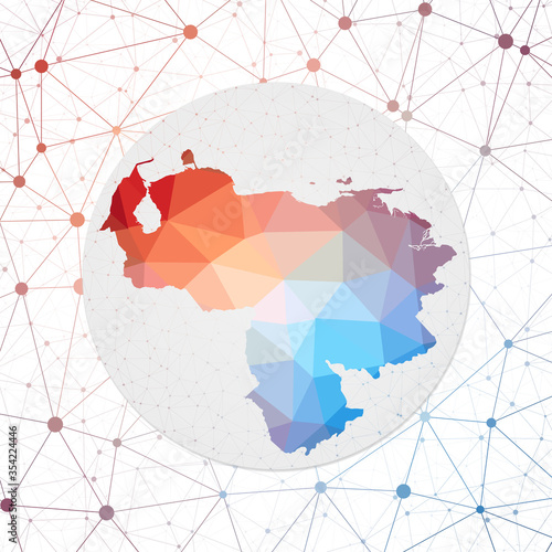 Abstract vector map of Venezuela. Technology in the country geometric style poster. Polygonal Venezuela map on 3d triangular mesh background. EPS10 Vector.