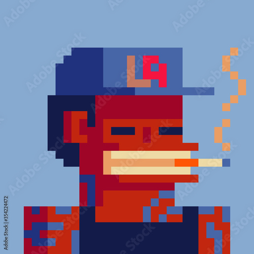 Gangster character pixel art set, smoking gangsta rap stars. Avatar, portrait and profile picture. Design of 80s. Game assets. 8-bit. Isolated vector illustration.