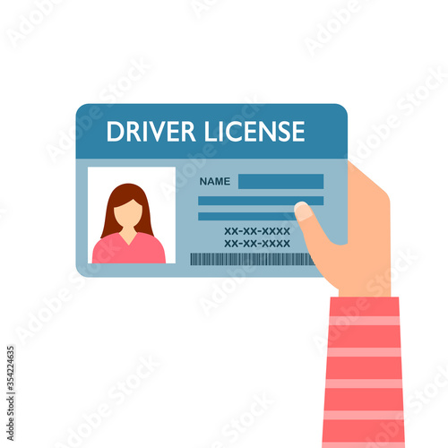 Woman hand holding driver license concept vector illustration. Renew driving license idea in flat design. Identity card.