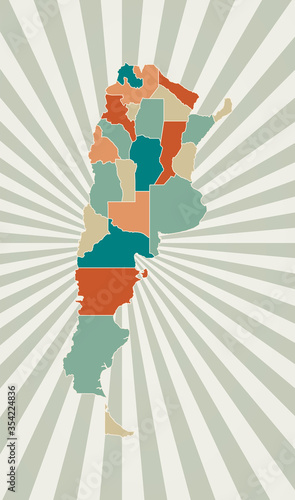 Argentina map. Poster with map of the country in retro color palette. Shape of Argentina with sunburst rays background. Vector illustration.