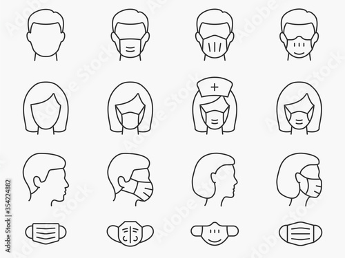 Medical face mask line icons set. Black vector illustration. Editable stroke.