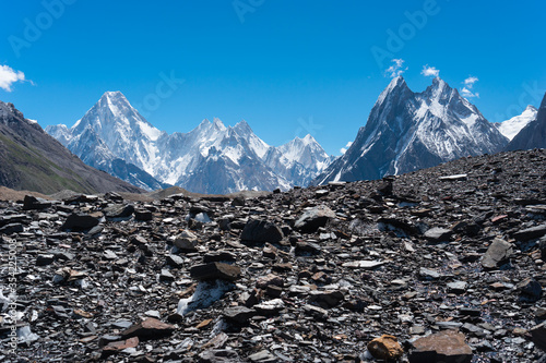 Gasherbrum mountains massif view from K2 base camp trekking route, Karakoram mountains range in Pakistan photo