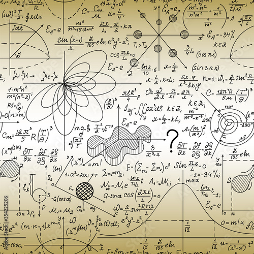 Scientific mathematical vector seamless pattern with handwritten formulas, geometrical figures and equations, shuffled together. Old paper effect