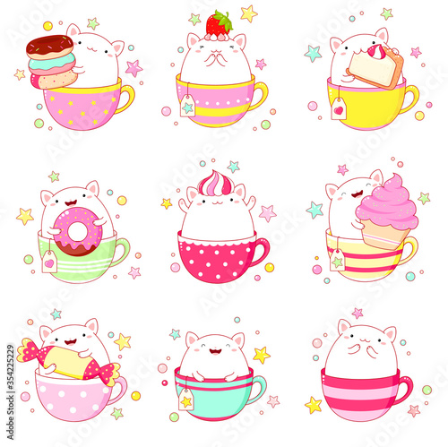 Set of cute cat in tea cup