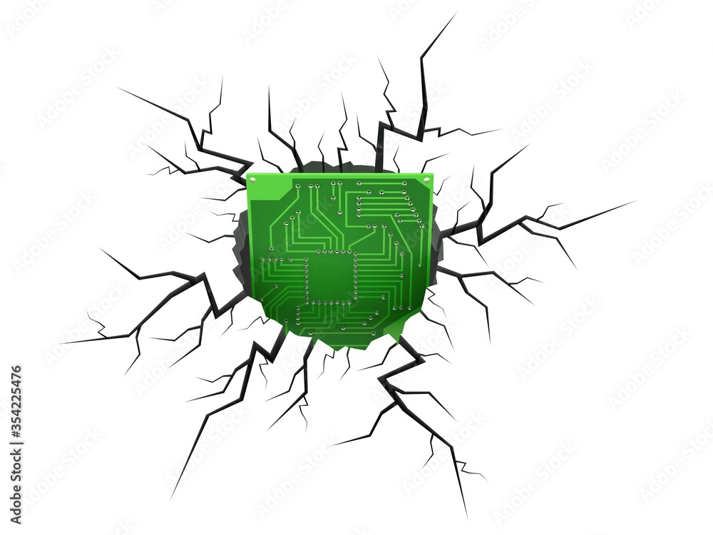 Obraz premium Circuit board inside cracked hole