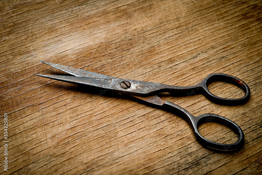 Old iron scissors of the last century covered with rust, removed from the chest in the workshop of grandfather. Background for craftsmanship and manual labor. Old iron scissors of the last century covered with rust, removed from the chest in the workshop of grandfather. Background for craftsmanship and manual labor.