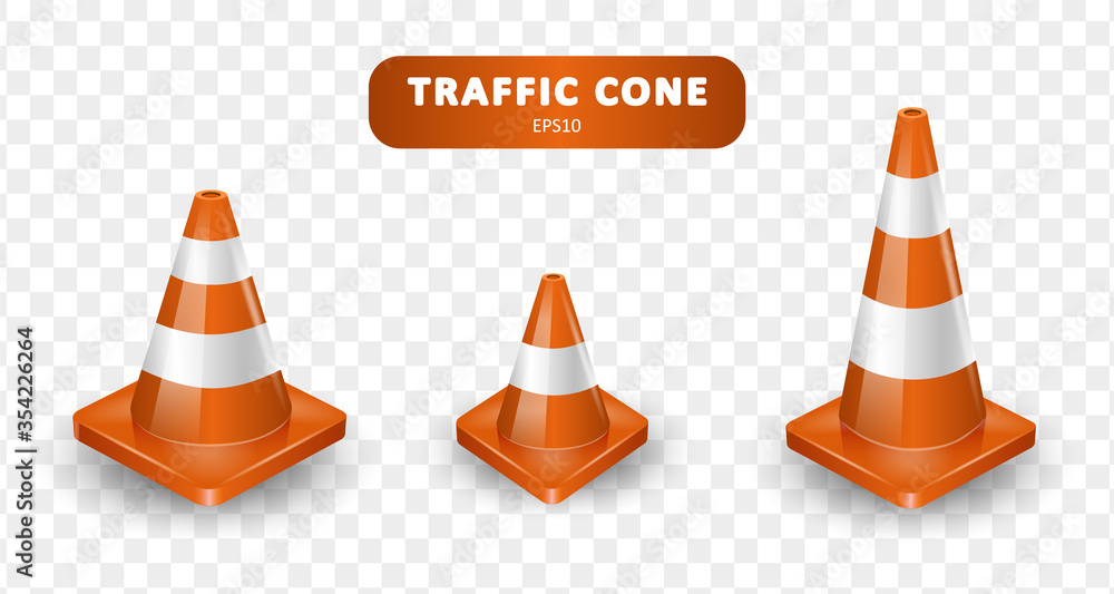 Traffic cones collection. Isometric set of icons for web design isolated on white background. Realistic vector illustration. Traffic cones collection. Isometric set of icons for web design isolated on white background. Realistic vector illustration.