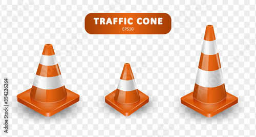 Traffic cones collection. Isometric set of icons for web design isolated on white background. Realistic vector illustration. © KeronnArt