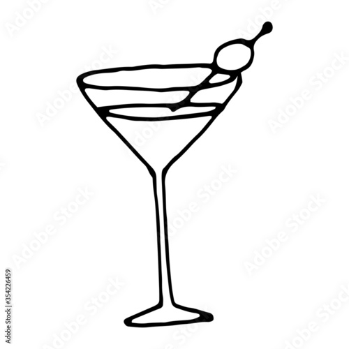 Hand drawn vector martini cocktail with olive. Doodle style illustration. Clipart element for bar or cafe menu design, wrapping paper, scrapbooking, printed materials.
