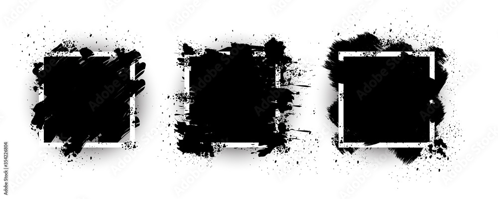 Black grunge with frame vector, Collection of Grunge background, Spray Paint Elements, Black splashes set, Dirty artistic design elements, ink brush strokes, Vector illustration.