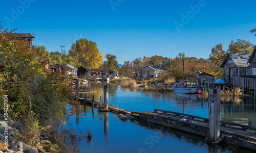 Finn Slough Panorama. The historic fishing settlement of Finn Slough on the banks of the Fraser River in Richmond  British Columbia  Canada