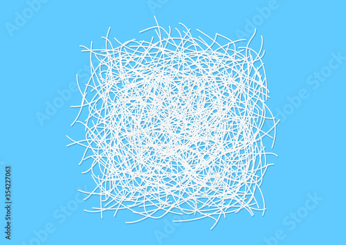 shredded paper white isolated on blue background, scrap shredded paper for gift pack, shredded paper garbage top view, doodle shredded paper for recycle waste and packaging