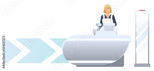 Shopping in store. Cashier desk with female cashier. Shoplifting security with anti-theft sensor. Vector, illustration isolated on white background.