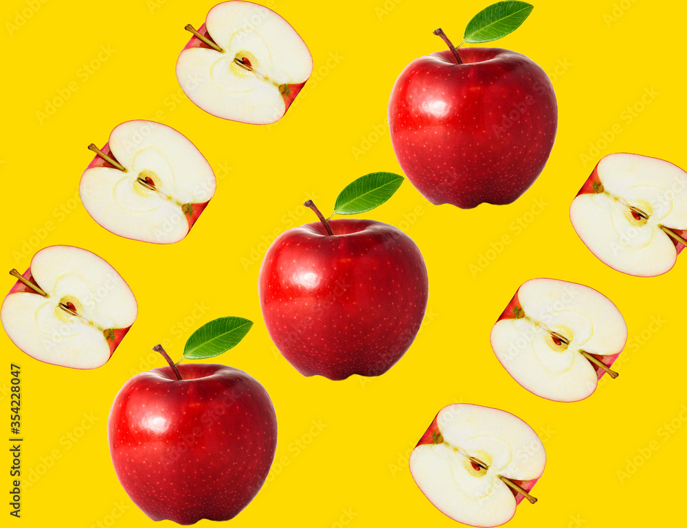 Seamless pattern of fresh red apples on a yellow isolated background, bright shiny apple repeating ornament, concept of natural healthy food diet, colorful summer wallpaper, ideal photo for advertisem Seamless pattern of fresh red apples on a yellow isolated background, bright shiny apple repeating ornament, concept of natural healthy food diet, colorful summer wallpaper, ideal photo for advertisem