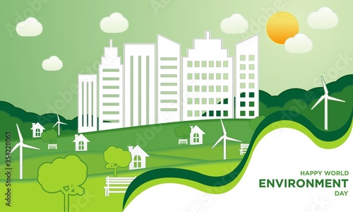 World environment day concept.Green earth of eco friendly city Save the Earth concept.Renewable energy for ecology and environment .conservation concept.Vector illustration.