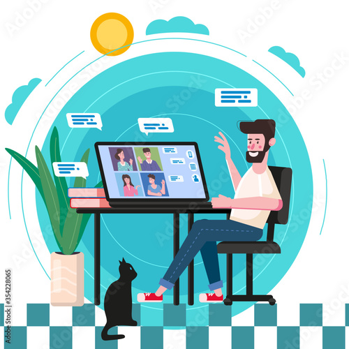 Man worked from home Video conference people on computer screen laptop talking by internet in videocall, chat