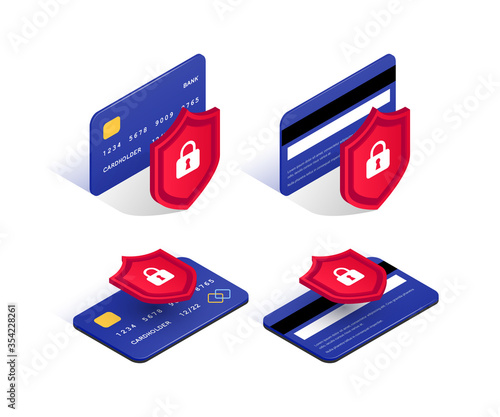 Credit card security isometric icon set. Electronic payment protection concept. Secure online transaction. 3d blue plastic card and shield with lock collection. Internet safety vector illustration