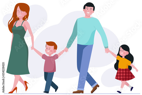 Family with two children. Happy young couple walking and leading kids by hands flat illustration. Parenthood, family, love concept for banner, website design or landing web page