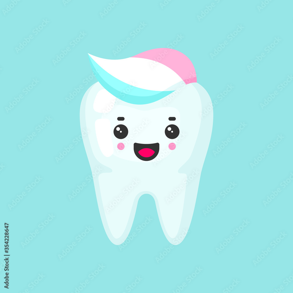 Clean tooth with a toothpaste with emotional face, cute colorful vector icon illustration. Cartoon flat isolated image Clean tooth with a toothpaste with emotional face, cute colorful vector icon illustration. Cartoon flat isolated image