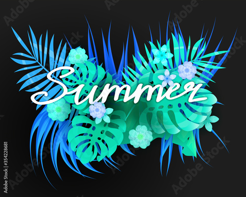 Summer trendy neon tropical leaves exotical plants palm jungle leaf lettering