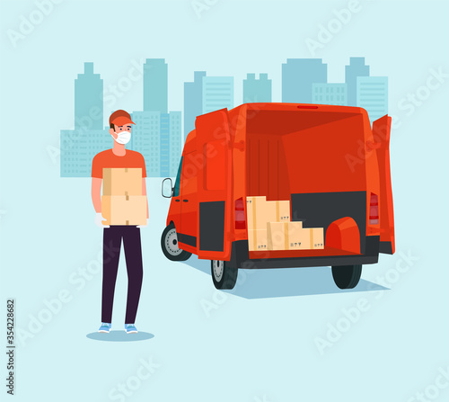 Worker in a medical mask loads boxes in a cargo van. Vector illustration.