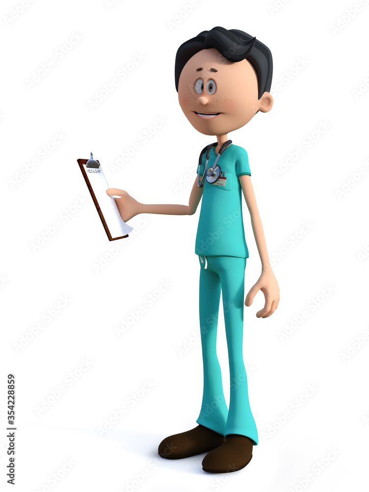 3D rendering of cartoon doctor holding a clipboard. 3D rendering of cartoon doctor holding a clipboard.