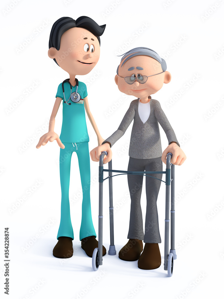 3D rendering of cartoon doctor with old man with walker. 3D rendering of cartoon doctor with old man with walker.