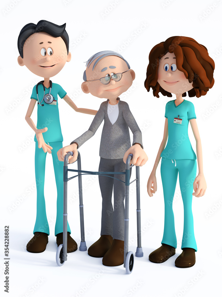 3D rendering of cartoon doctor and nurse helping old man with walker. 3D rendering of cartoon doctor and nurse helping old man with walker.