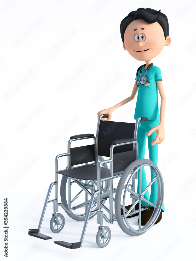 3D rendering of cartoon doctor with wheelchair. 3D rendering of cartoon doctor with wheelchair.