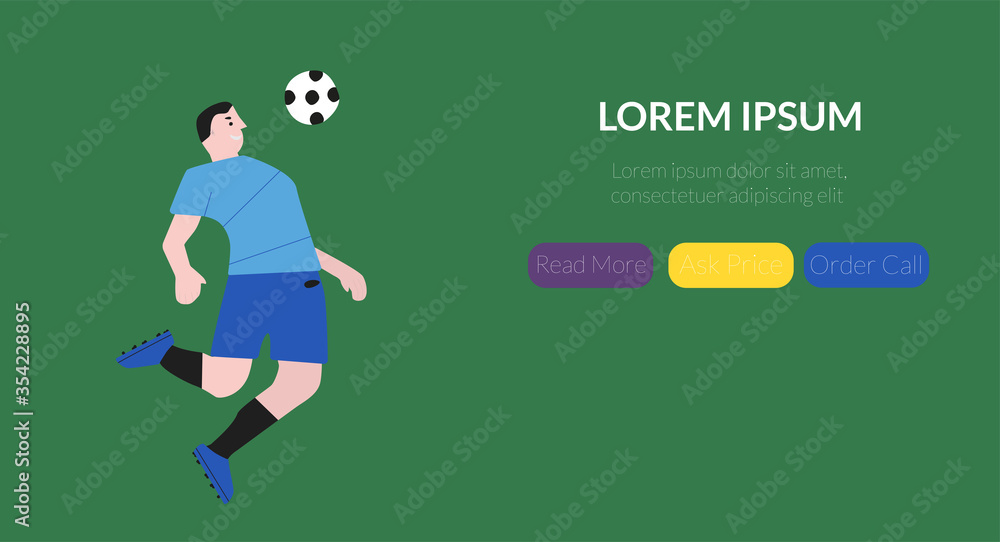 Fototapeta premium Banner football player in the jump hits the ball. Site cover with active buttons for the site.