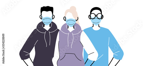 group of people in protective medical face masks, woman and man wearing protection from coronavirus