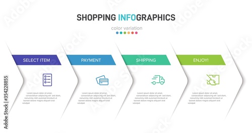 Concept of shopping process with 4 successive steps. Four colorful graphic elements. Timeline design for brochure, presentation, web site. Infographic design layout.