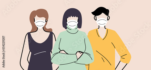group of people in protective medical face masks, woman and man wearing protection from coronavirus