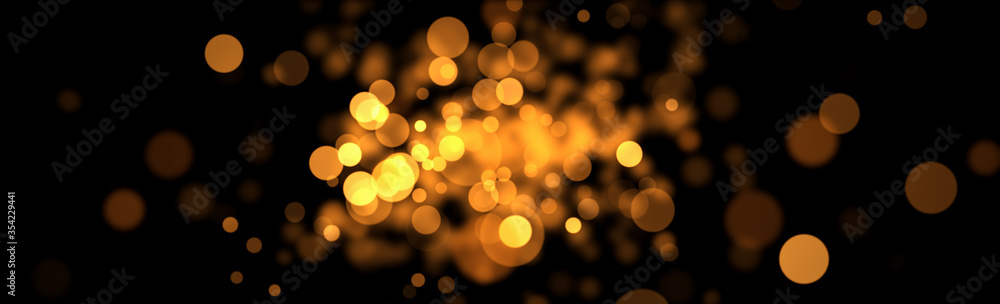 Abstract glitter gold and yellow bokeh glow in the dark on black background. Christmas banner panoramic with golden bokeh. Abstract glitter gold and yellow bokeh glow in the dark on black background. Christmas banner panoramic with golden bokeh.