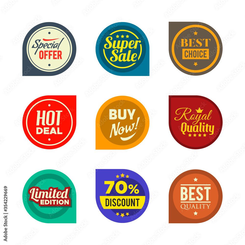 Sale round stickers set. Special offer, buy now, hot deal, limited edition letterings. Flat vector illustrations for labels and badges design, guarantee and premium quality concept