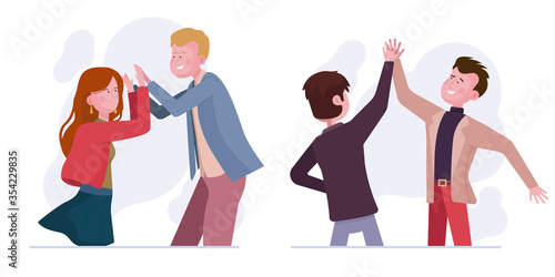 Giving high five set. Couple, male friends clapping hands, celebrating success flat illustration. Greeting, communication, teamwork concept for banner, website design or landing web page