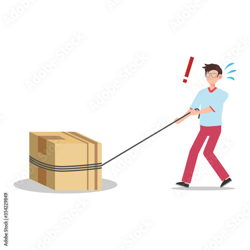 Cartoon character illustration of young man courier delivery pulling the big box with rope. Flat design isolated on white.