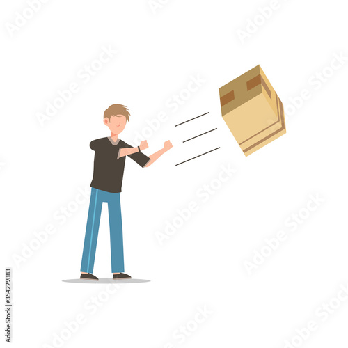 Cartoon character illustration of young man courier delivery throwing the box. Flat design isolated on white background.