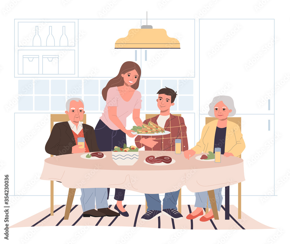 Family dinner at home. Young and senior couple eating together at dining table flat illustration. Generation, holiday, parents concept for banner, website design or landing web page Family dinner at home. Young and senior couple eating together at dining table flat illustration. Generation, holiday, parents concept for banner, website design or landing web page