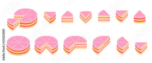 Pieces of pink cake infographics. The whole cake and its parts. Jam cream red topping jelly. Isometric view vector illustration.