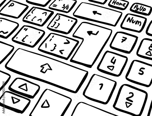 Keyboard key sketch. Enter key end shift. Black and white drawing. Black line vector illustration.