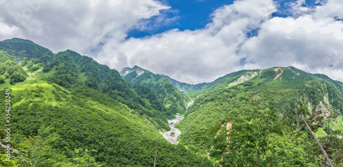 Panorama green and natural mountain view and cloudy blue sky at Kamikochi national park, Matsumoto, Nakano Japan photo