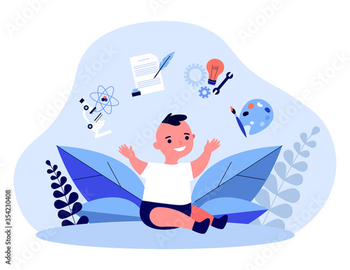 Cheerful cute toddler showing development symbols. Microscope, writing, engineering flat vector illustration. Child skills improvement concept for banner, website design or landing web page