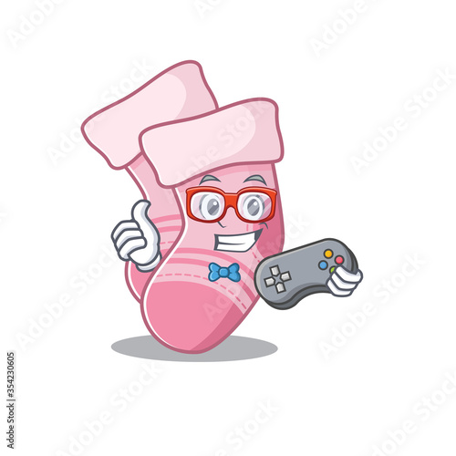 Mascot design style of baby socks gamer playing with controller