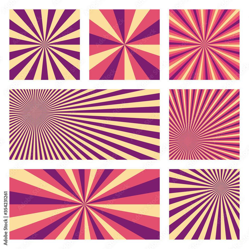Appealing sunburst background collection. Abstract covers with radial rays. Beautiful vector illustration.